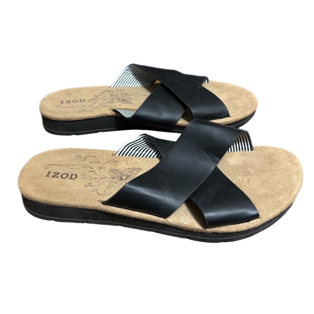 IZOD Slide Sandals Womens 7 Black Excellent Criss Cross Strap Nautical Striped